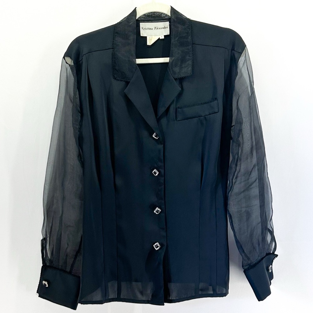Vintage Black Satin Sheer Organza Sleeve Evening Blouse Rhinestone Buttons